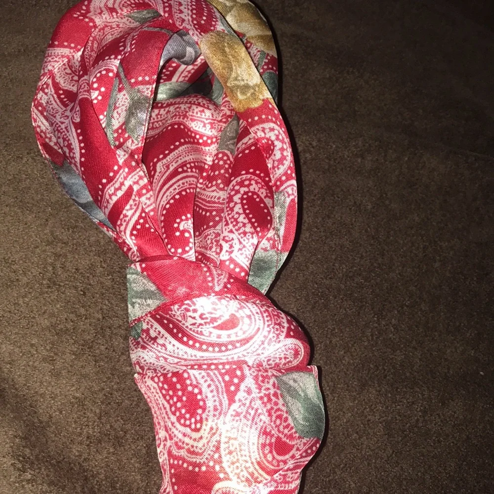 Kathie Lee Vintage Beautiful Long Red Paisley Scarf with Gold Silver and White